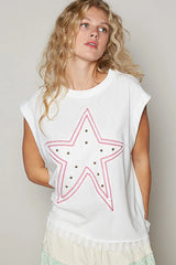 POL Star Patch Studded Sleeveless T-Shirt with Lace Hem OutfitFlow