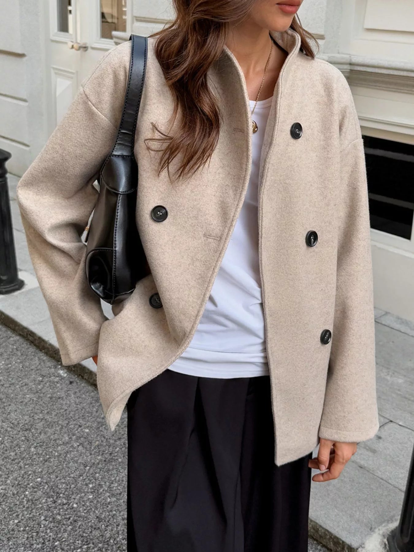 Double-Breasted Dropped Shoulder Jacket Trendsi