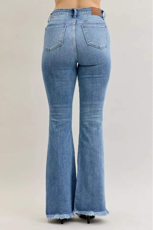 Judy Blue High Waist Flare Fray Hem Jeans with Front Pintuck Detail OutfitFlow