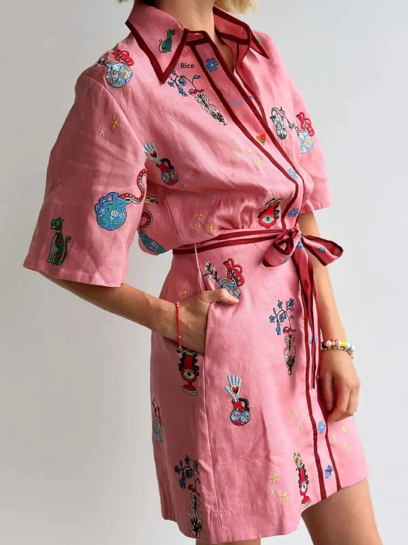 Embroidered Tie Waist Shirt Dress OutfitFlow