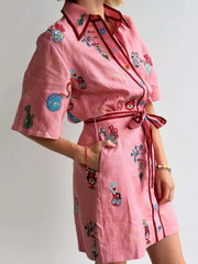 Embroidered Tie Waist Shirt Dress OutfitFlow