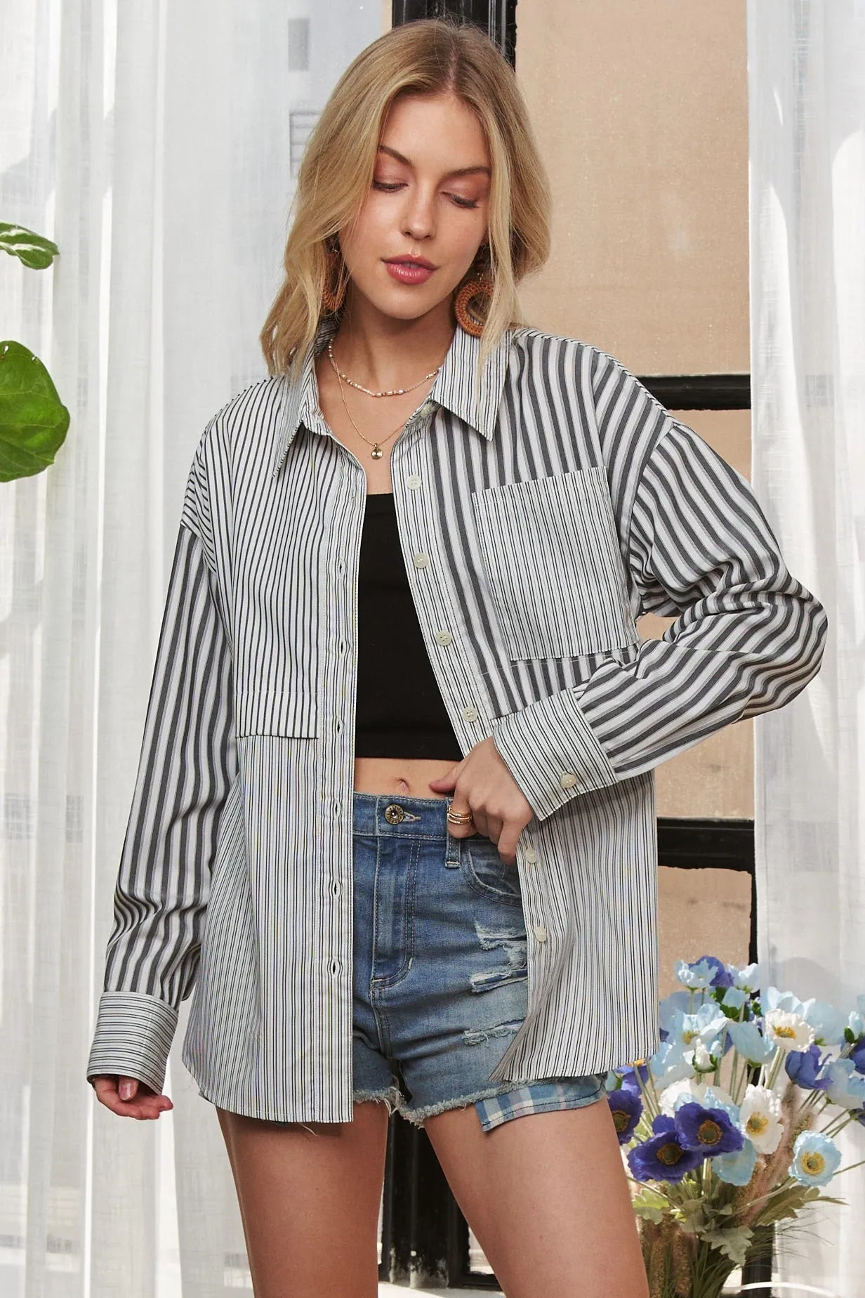 ADORA Button Down Mix Stripe Shirt OutfitFlow