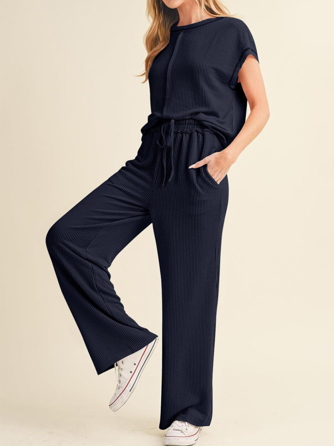 Ribbed Exposed Seam Top and Pants Set OutfitFlow