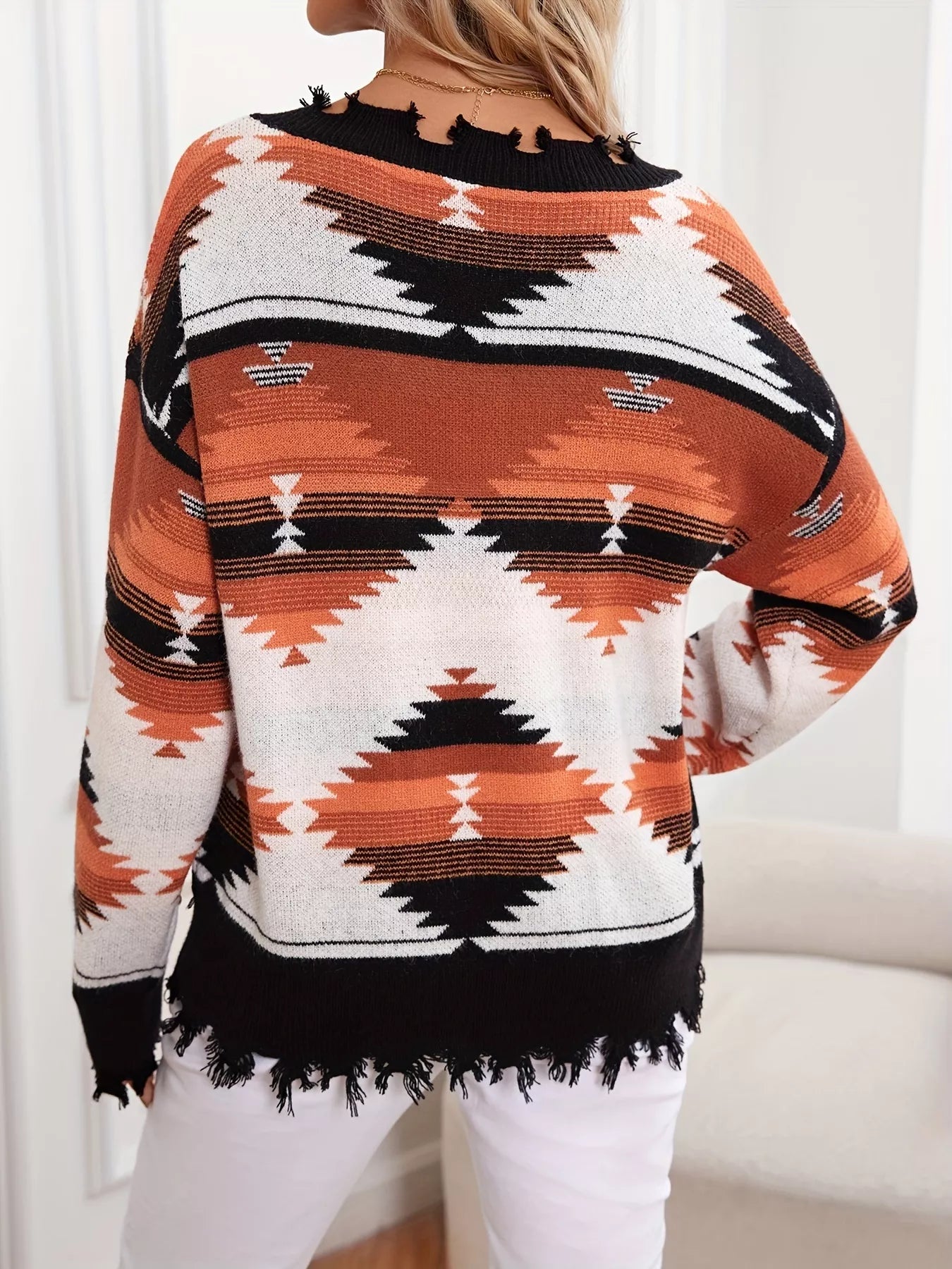Geometric Frayed Hem V-Neck Long Sleeve Sweater OutfitFlow
