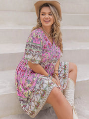 Plus Size Floral Print V-Neck Puff Sleeve Summer Dress OutfitFlow