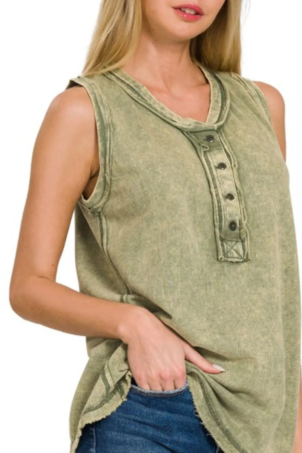 Zenana Washed Half-button Raw Edge Sleeveless Henley Top OutfitFlow