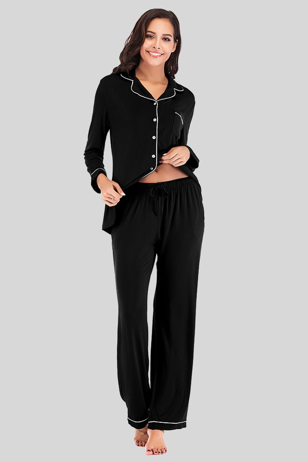 Outfit Flow - Collared Neck Long Sleeve Loungewear Set with Pockets