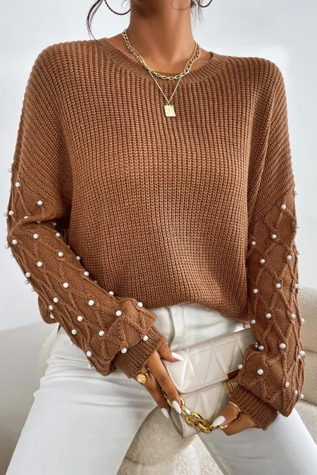 Outfit Flow - Pearl Detail Round Neck Long Sleeve Sweater