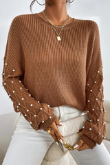 Outfit Flow - Pearl Detail Round Neck Long Sleeve Sweater