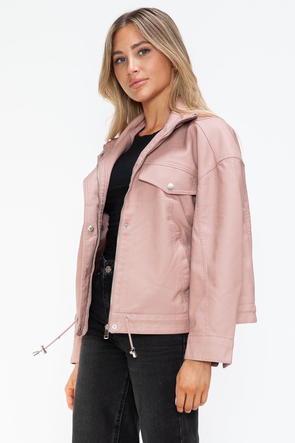 Outfit Flow - How Dare U Drawstring Hem PU Leather Zip Up Jacket