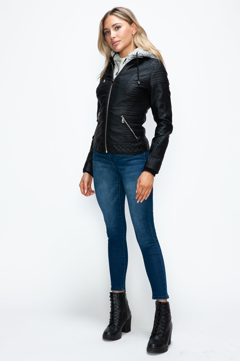 Outfit Flow - YMI Faux Layered Double-Zipper Jacket with Fuzzy Hood