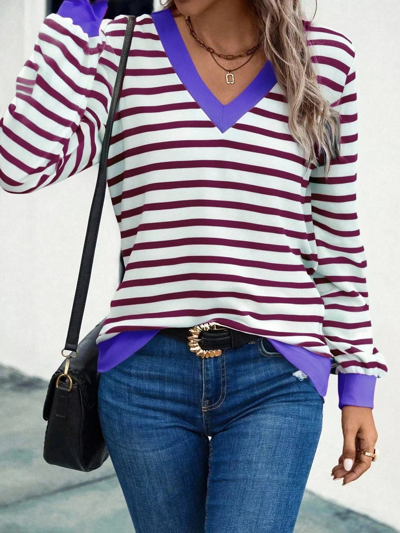 Striped V-Neck Long Sleeve T-Shirt OutfitFlow