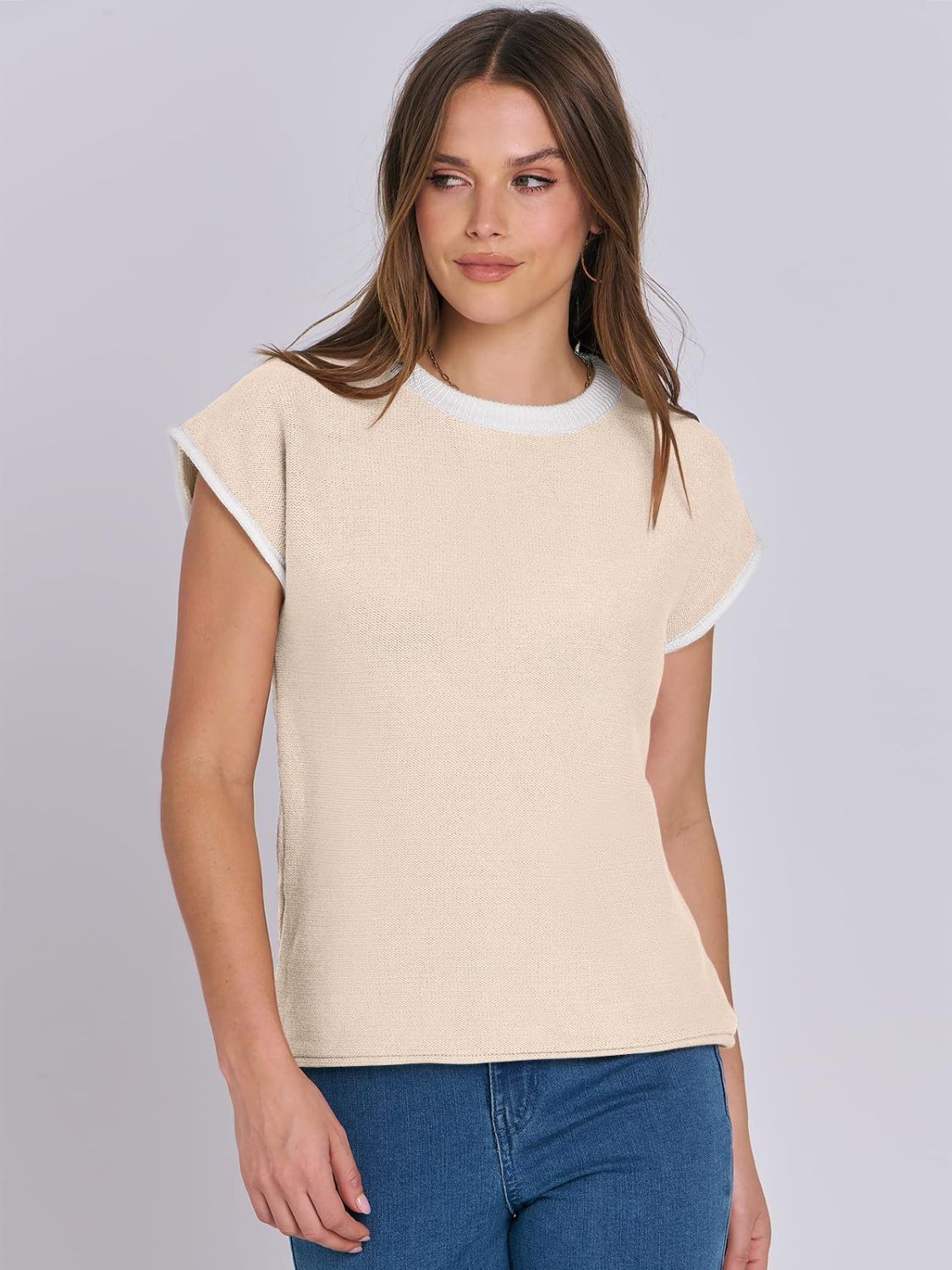 Outfit Flow - Mandy Contrast Round Neck Cap Sleeve Sweater