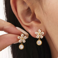 18K Gold-Plated Stainless Steel Zircon Flower Drop Earrings Gold onesize OutfitFlow