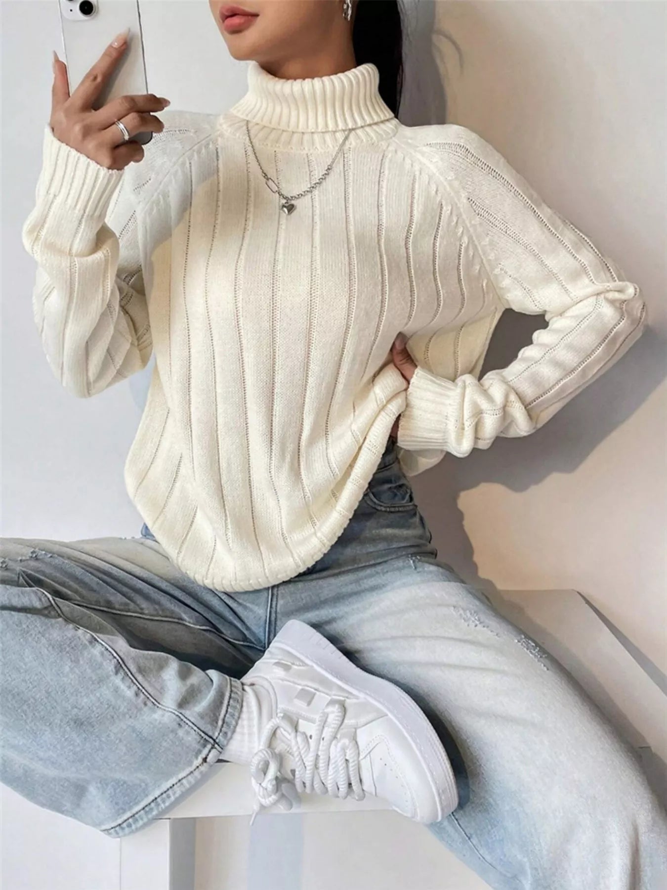 Ribbed Turtleneck Long Sleeve Sweater OutfitFlow