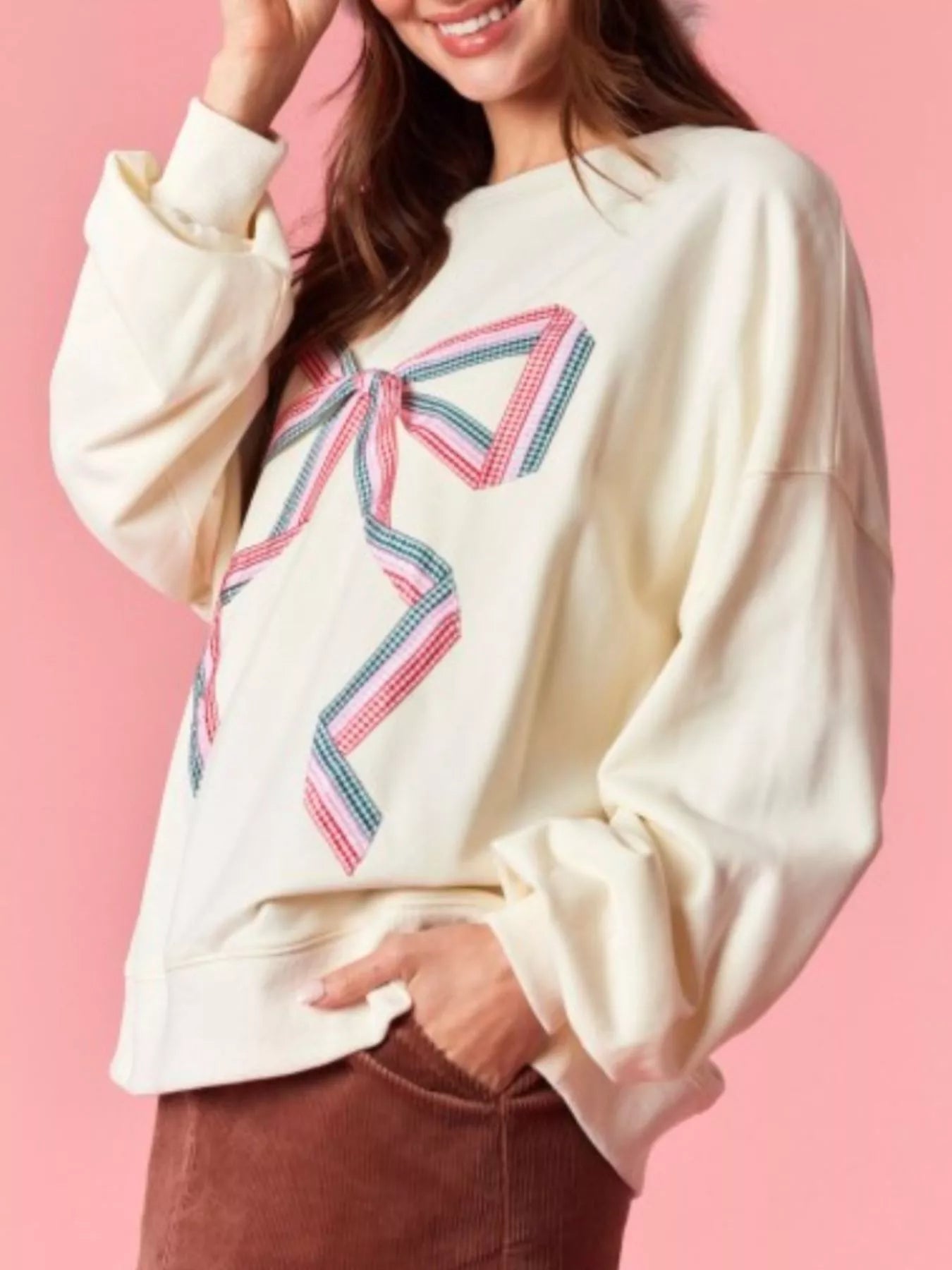 Bow Crew Neck Sweatshirt OutfitFlow