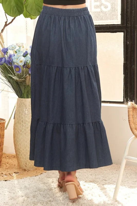 ADORA Waist Band Tiered Denim Maxi Skirt OutfitFlow