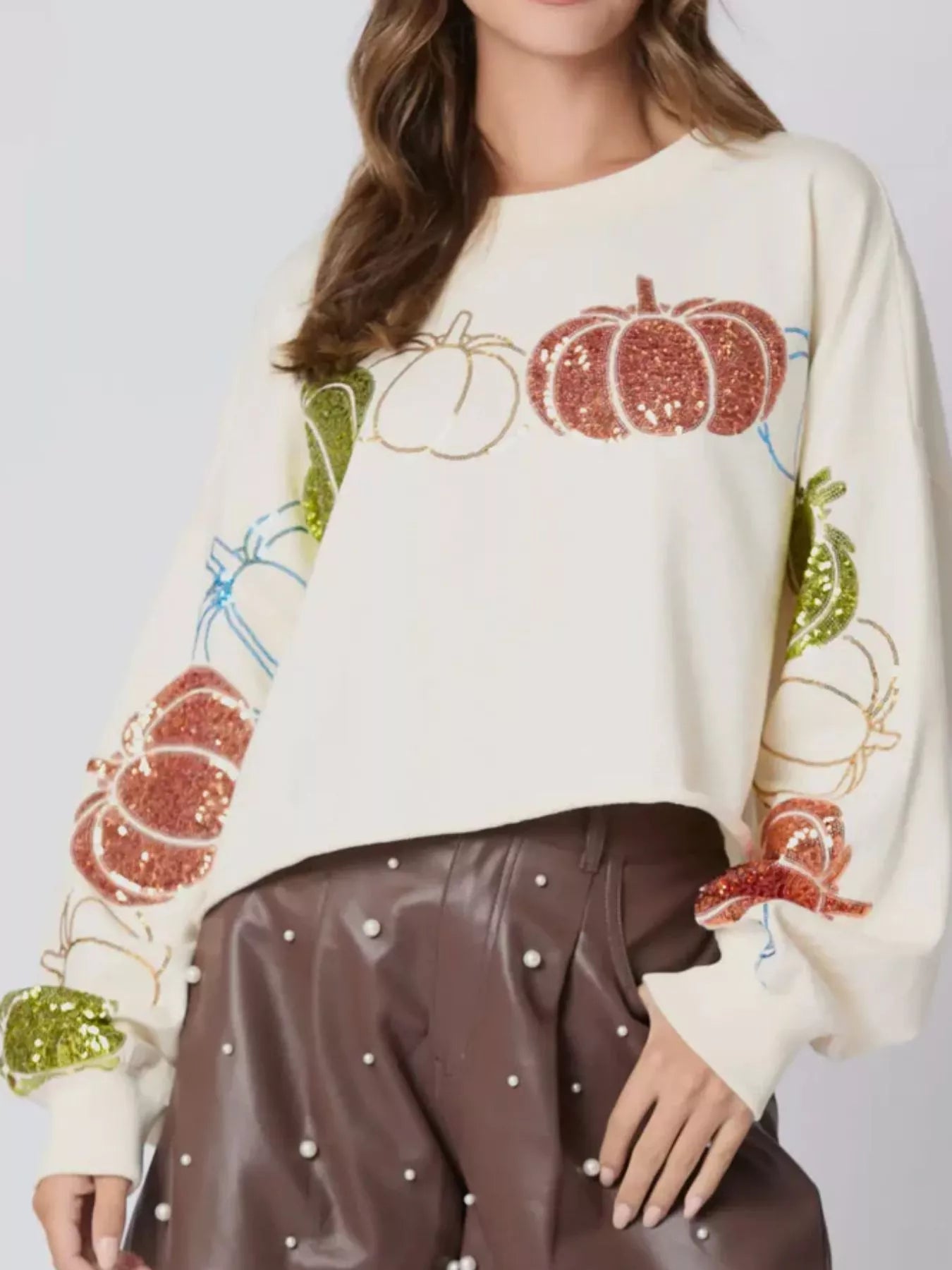 Sequined Pumpkin Halloween Crop Sweatshirt Ivory OutfitFlow