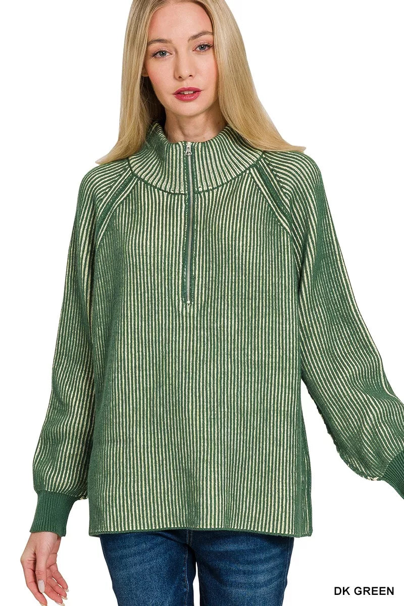 Zenana Ribbed Two Tone Half Zip Sweater DK GREEN OutfitFlow