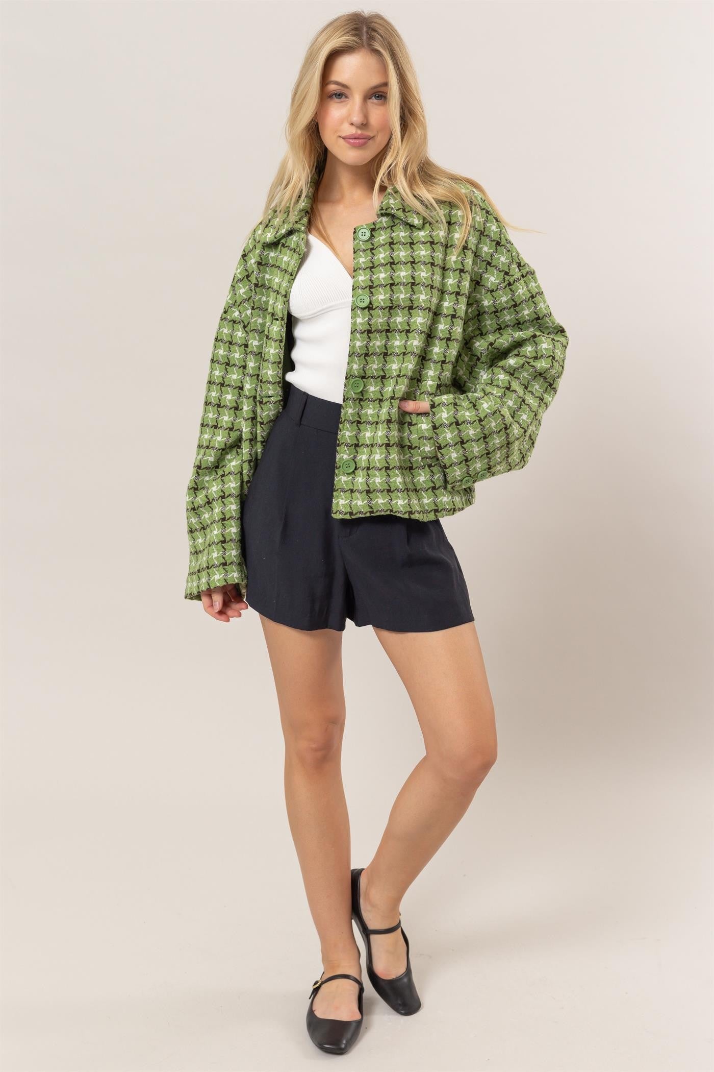 Outfit Flow - HYFVE Tweed Plaid Button Up Collared Neck Jacket