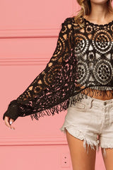 BiBi Dolman Sleeve Fringed Crochet Lace Cover Up OutfitFlow