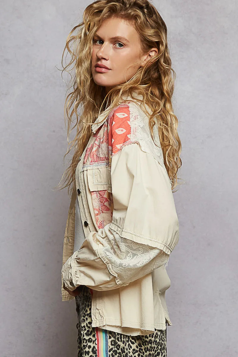 POL Printed Woven Mix Raw Hem Jacket with Lace Detail OutfitFlow