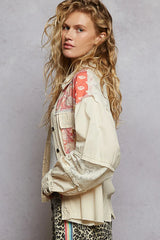 POL Printed Woven Mix Raw Hem Jacket with Lace Detail OutfitFlow