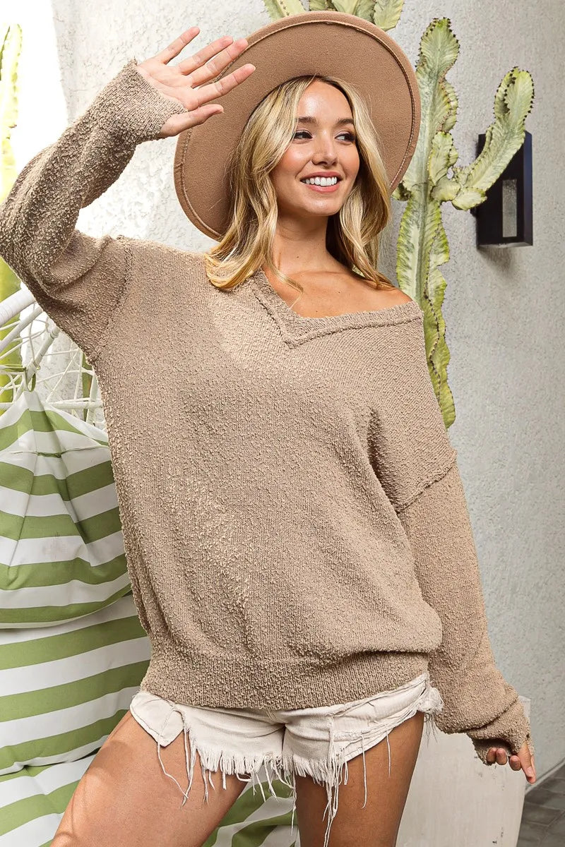 BiBi Raw Edged Popcorn Texture V-neck Sweater OutfitFlow