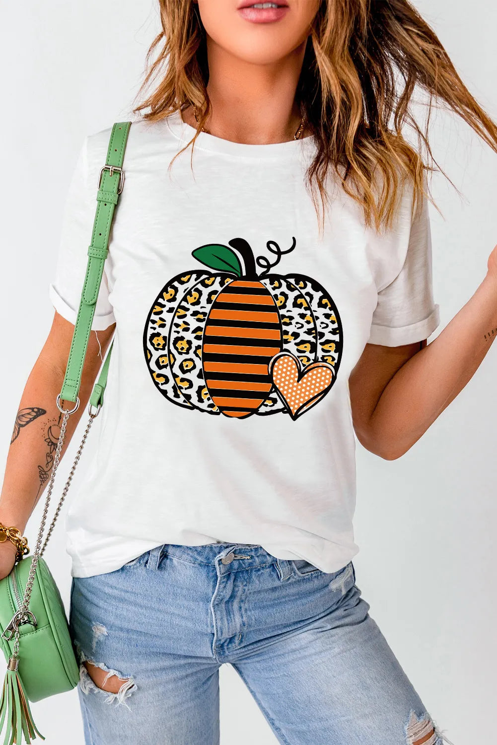 Pumpkin Graphic Round Neck Short Sleeve T-Shirt OutfitFlow