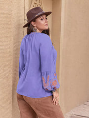 Plus Size Boho Embroidered Long Sleeve Blouse OutfitFlow