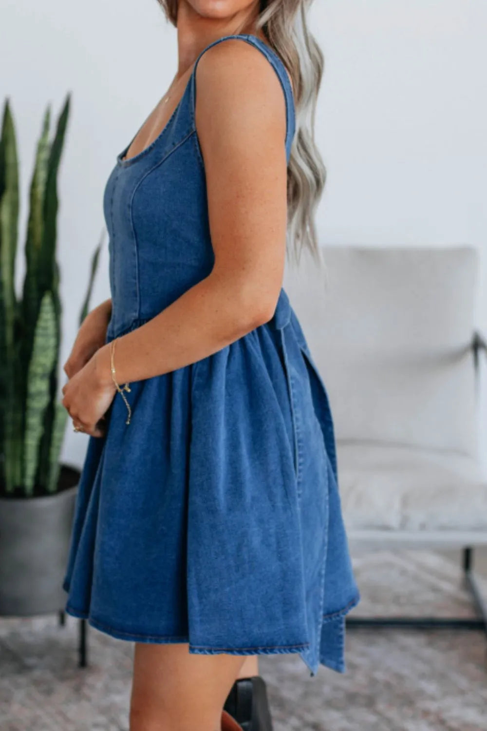 V-Back Bow Tie Denim Skater Dress OutfitFlow