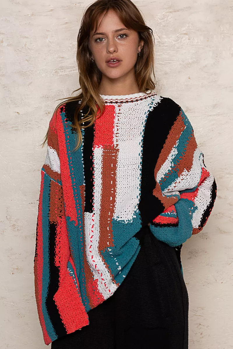 POL Color Block Round Neck Oversized Sweater RED IVORY OutfitFlow