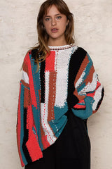 POL Color Block Round Neck Oversized Sweater RED IVORY OutfitFlow