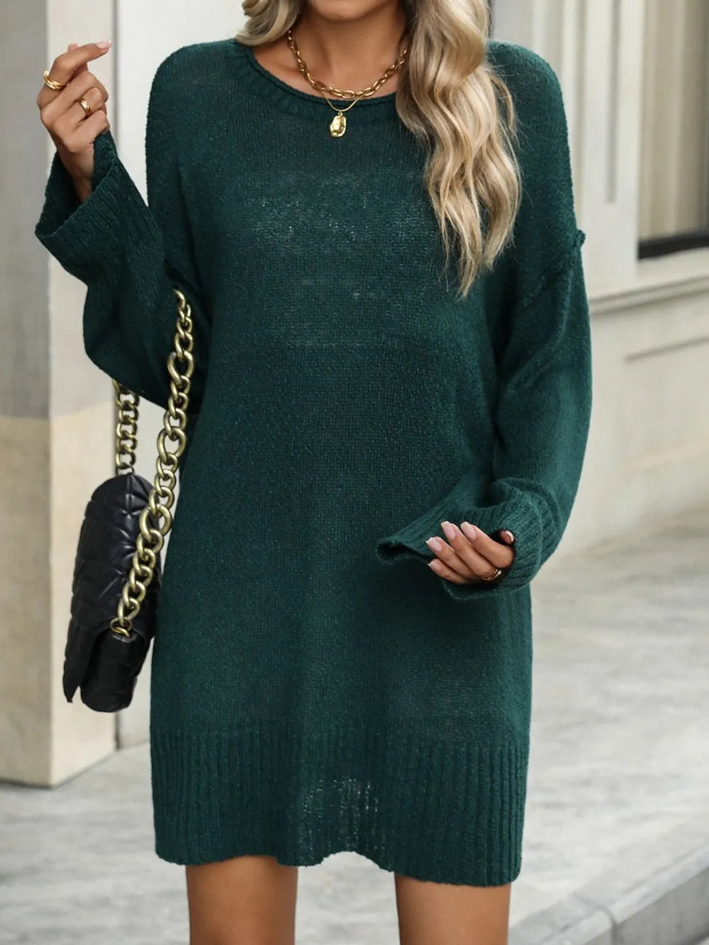 Round Neck Dropped Shoulder Sweater Black Forest OutfitFlow