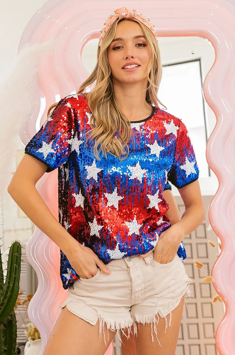BiBi American Theme Star Pattern Sequin Top OutfitFlow