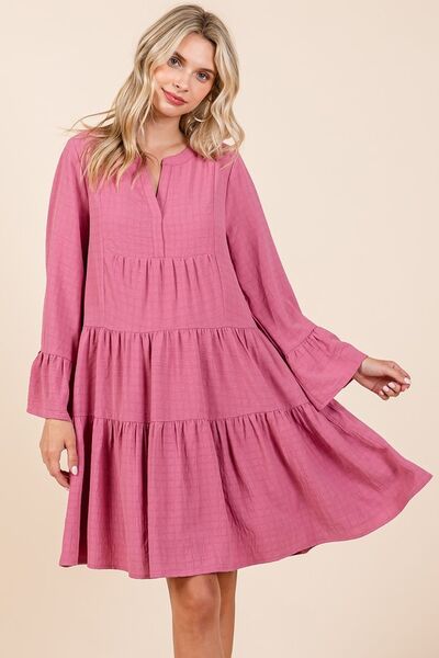Mittoshop Tiered Notched Flare Sleeve Dress OutfitFlow
