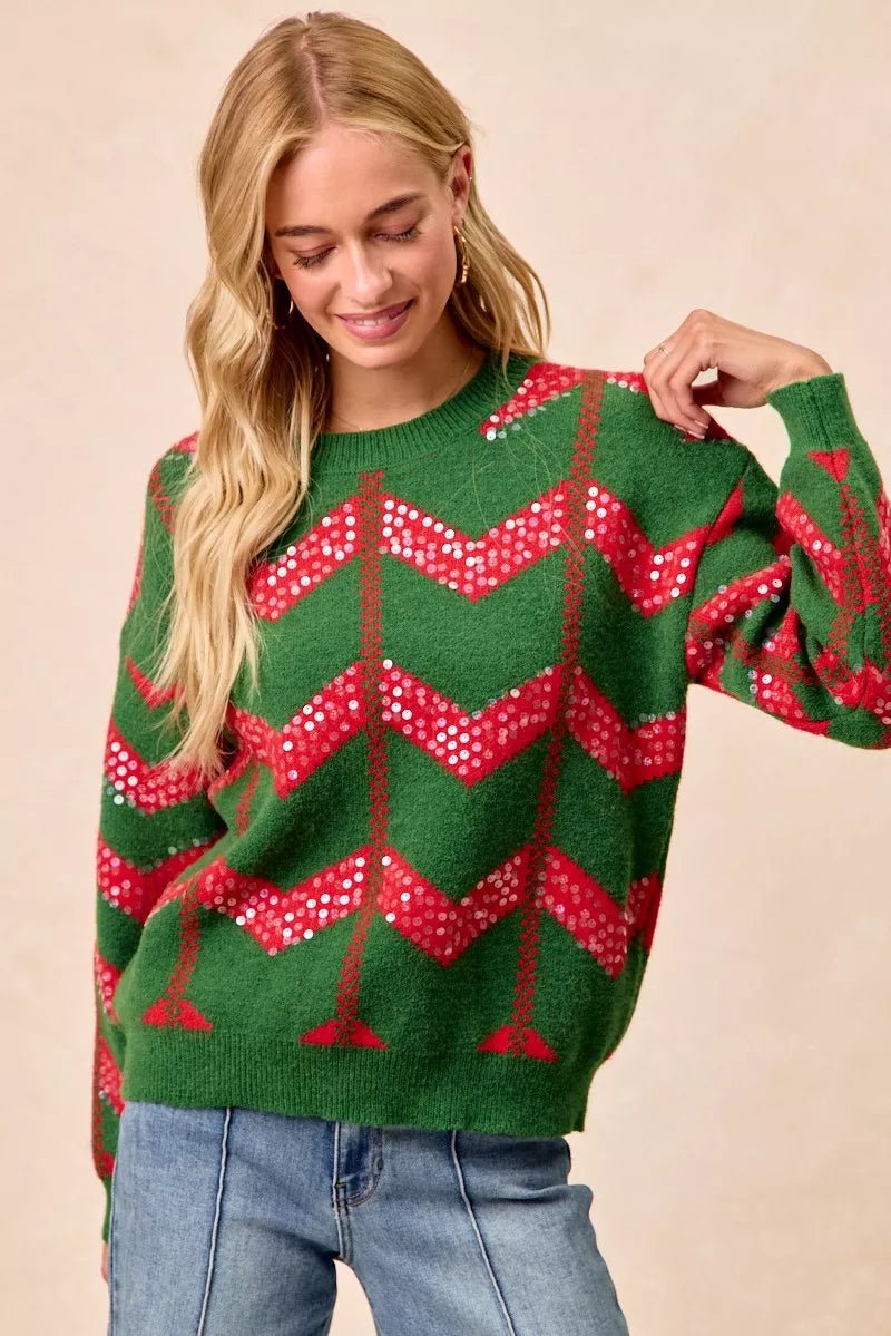 BiBi Christmas Theme Chevron Sequins Detail Sweater OutfitFlow