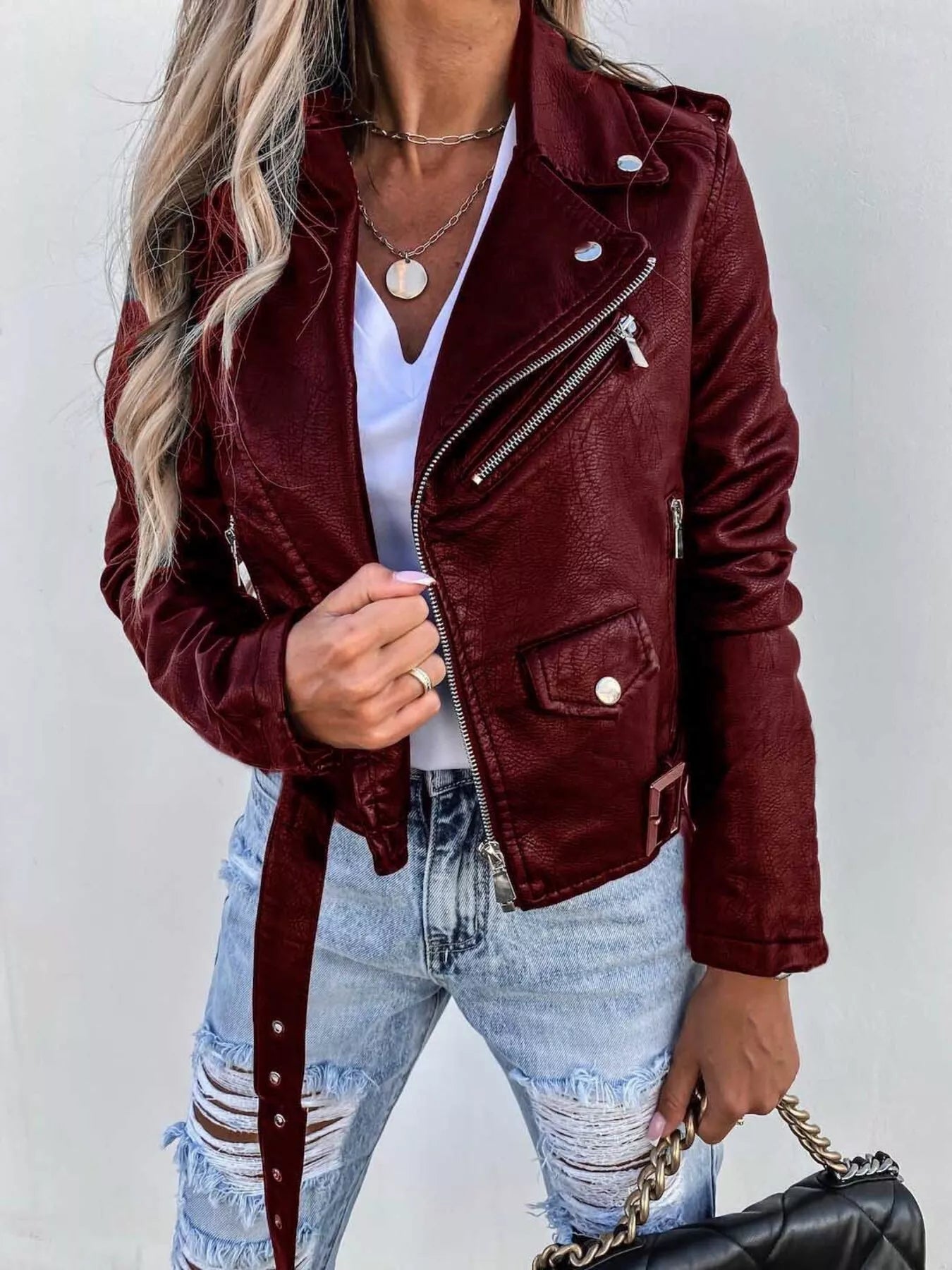 Full Size Zip Up Leather Motorcycle Biker Jacket Plus Size Burgundy OutfitFlow