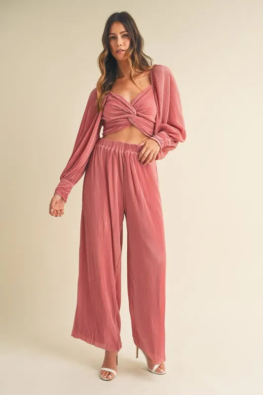 MABLE Front Twisted Long Sleeve Top and Pants Set OutfitFlow