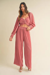 MABLE Front Twisted Long Sleeve Top and Pants Set OutfitFlow