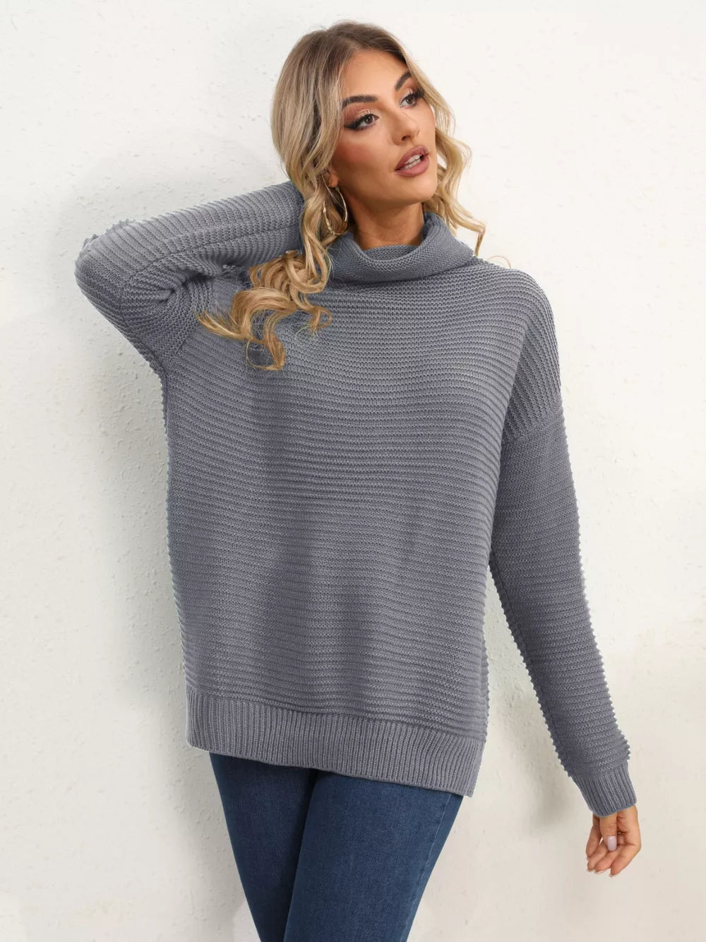 Slit Turtleneck Dropped Shoulder Sweater Trendsi