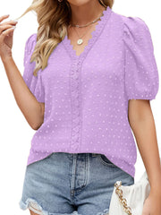 Puff Sleeve Swiss Dot Lace Trim Blouse OutfitFlow