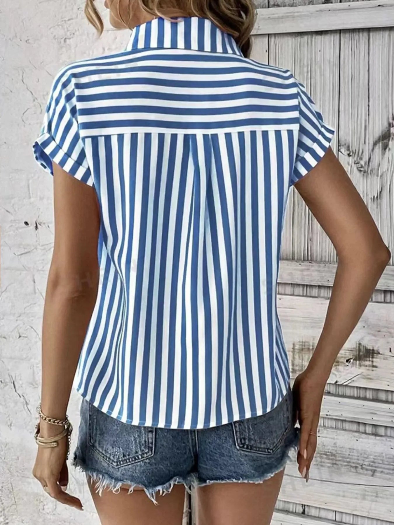 Striped Button-Up Short Sleeve Shirt with Pocket OutfitFlow