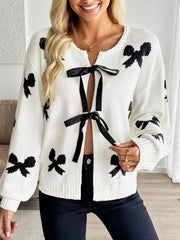 Tie Front Bow Pattern Cardigan OutfitFlow