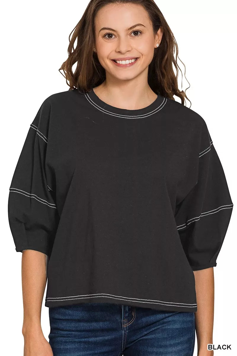 Zenana Balloon Sleeve Top with Contrast Stitching BLACK OutfitFlow