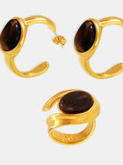 Stainless Steel Tigerite Ring and C-Hoop Earrings Set OutfitFlow
