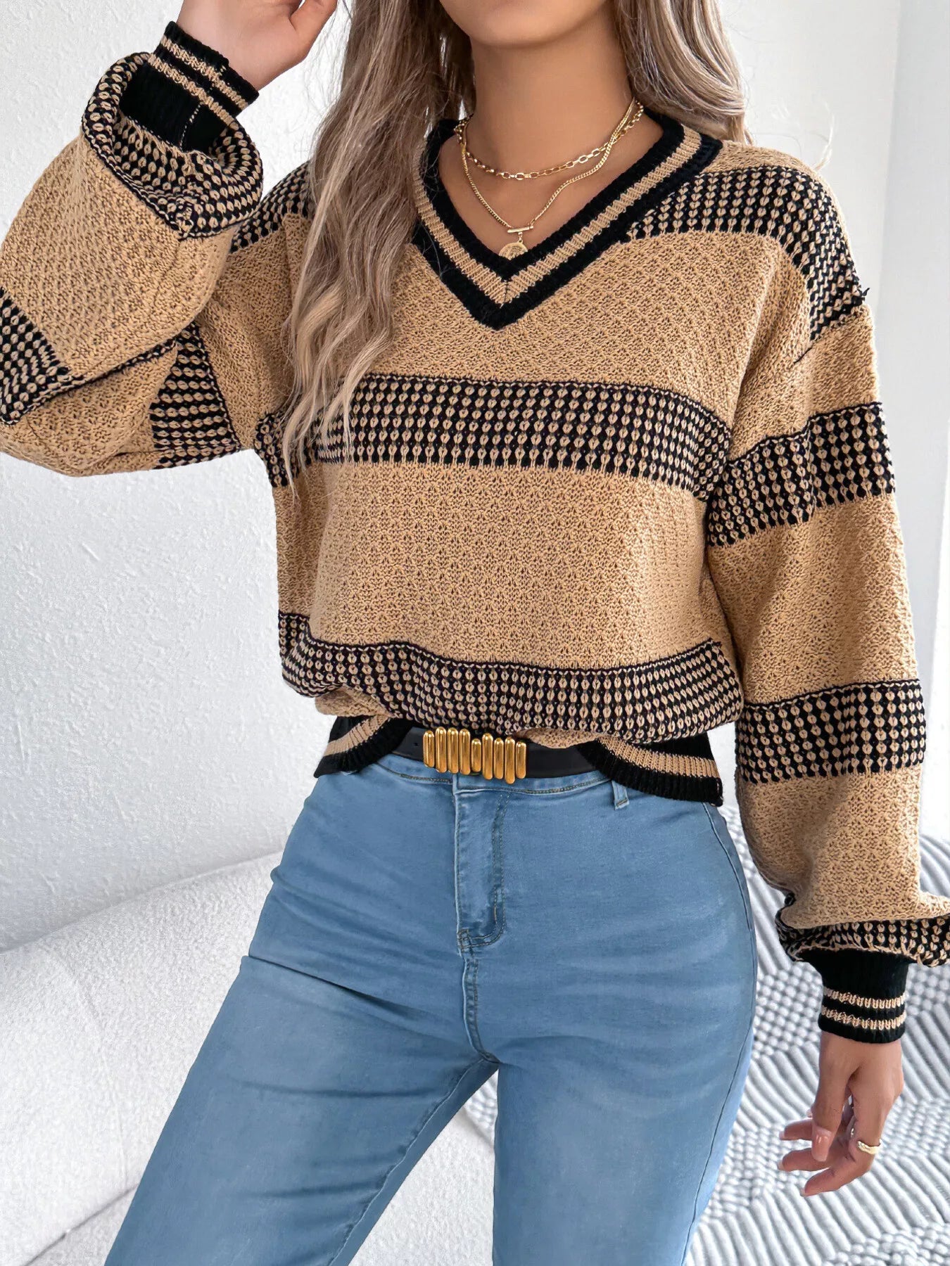 Contrast Striped V-Neck Sweater OutfitFlow