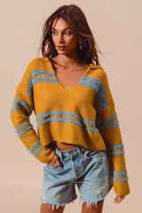 SO ME Fuzzy Hairy Stripe Deep U Neck Swetaer MUSTARD DT BLUE Trendsi