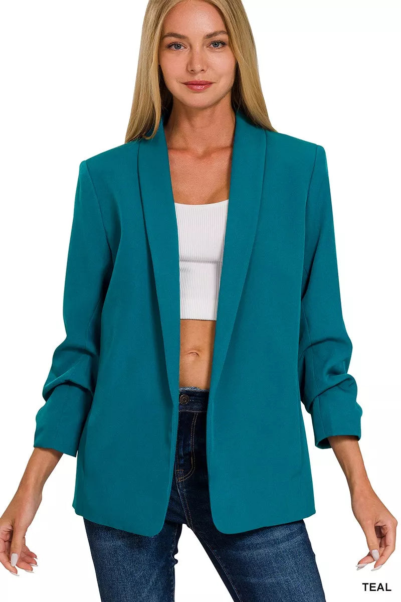 Zenana Woven 3/4 Ruched Sleeve Open Front Classic Blazer OutfitFlow