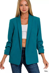 Zenana Woven 3/4 Ruched Sleeve Open Front Classic Blazer OutfitFlow